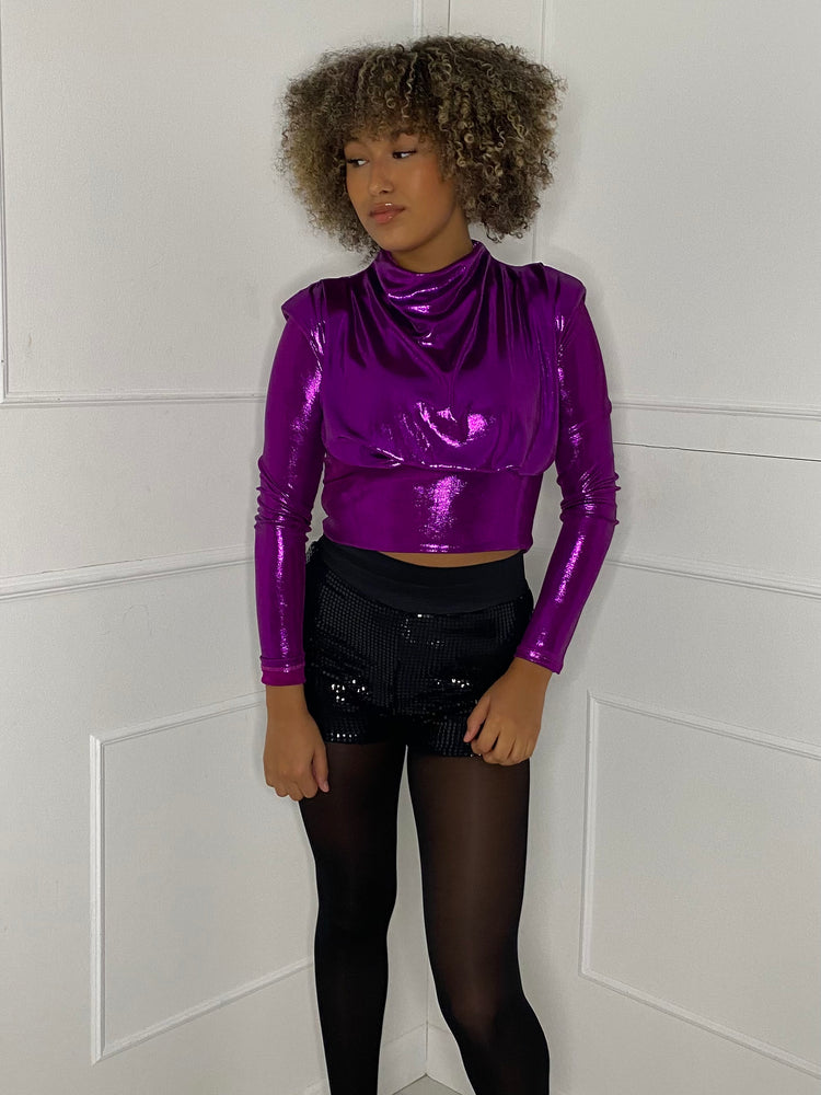 Metallic Padded Shoulder Top - Purple