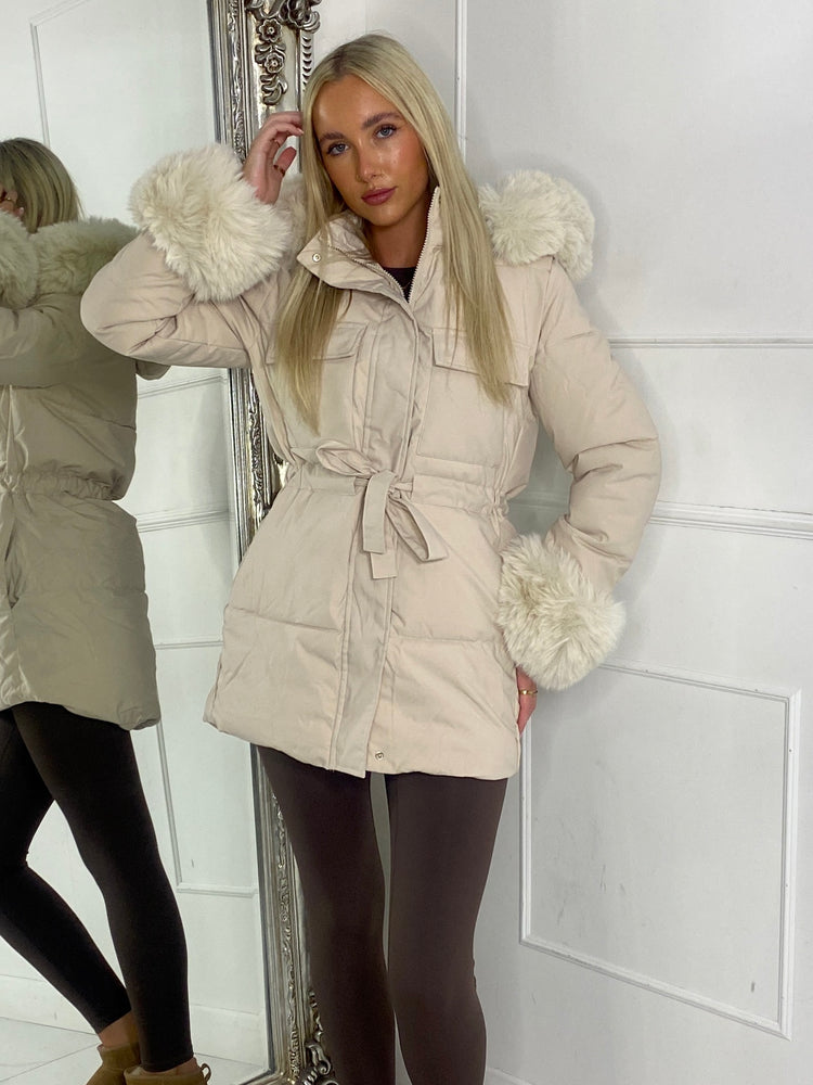 Fur Hood Trim Detail Longline Jacket - Beige