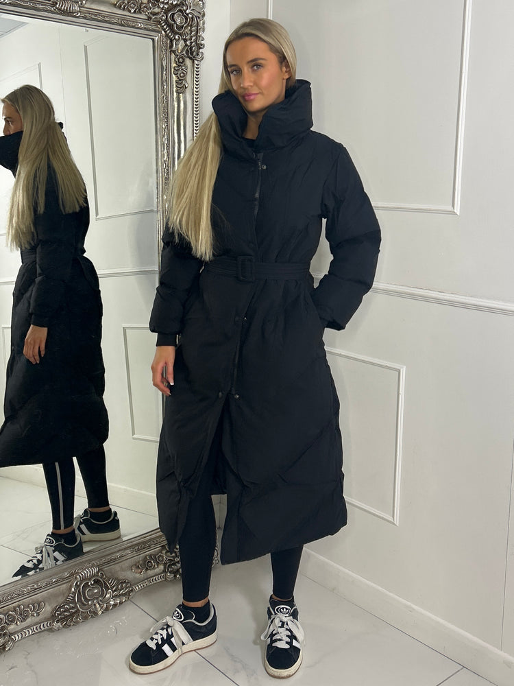 Long Length Padded Belted Coat - Black