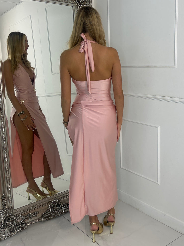 Starfish Detail Deep V Halterneck Top & Slit Midi Skirt Co-ord - Baby Pink