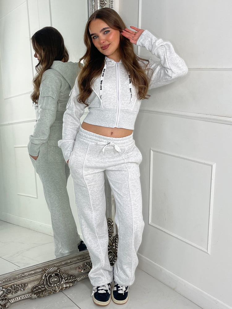 Hooded Drawstring Jacket & Flares With Stripe Detail - Light Grey & White