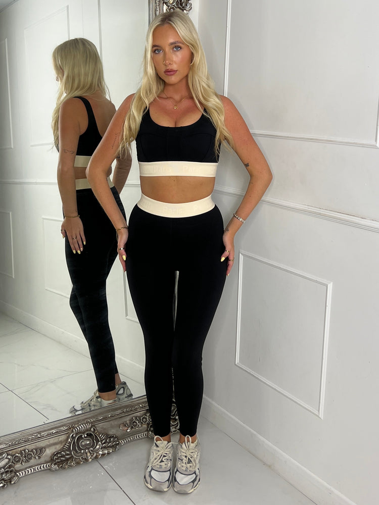 Two Tone Sports Bra & Band Detail Leggings Gym Set - Black/Beige