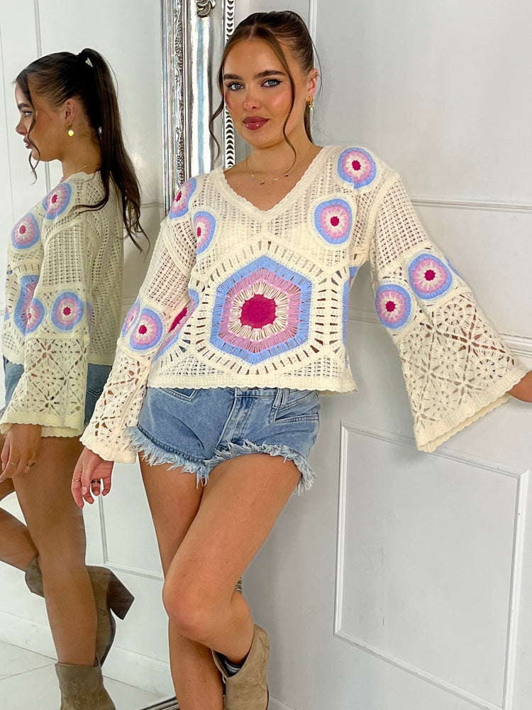Flare sleeve V Neck Crochet Top - Beige/Multi One