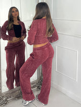 Cropped Zip Up Acid Wash Tracksuit - Wine