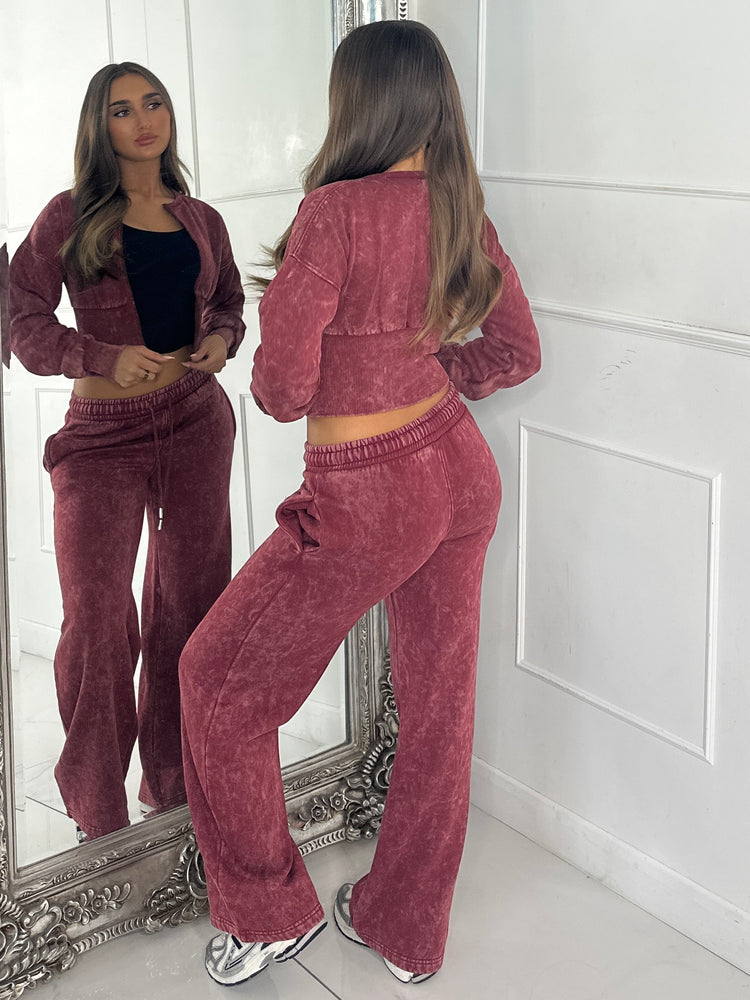 Cropped Zip Up Acid Wash Tracksuit - Wine