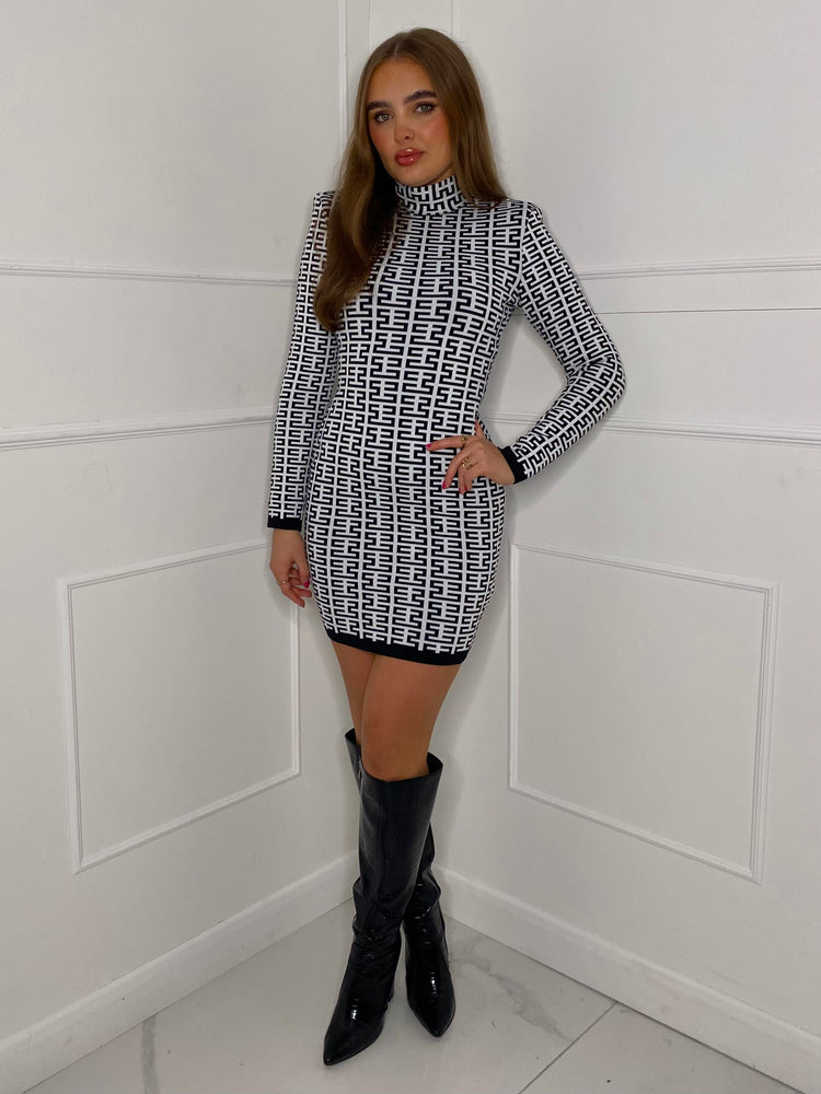 Maze Print High Neck Shoulder Pad Dress - Black/White
