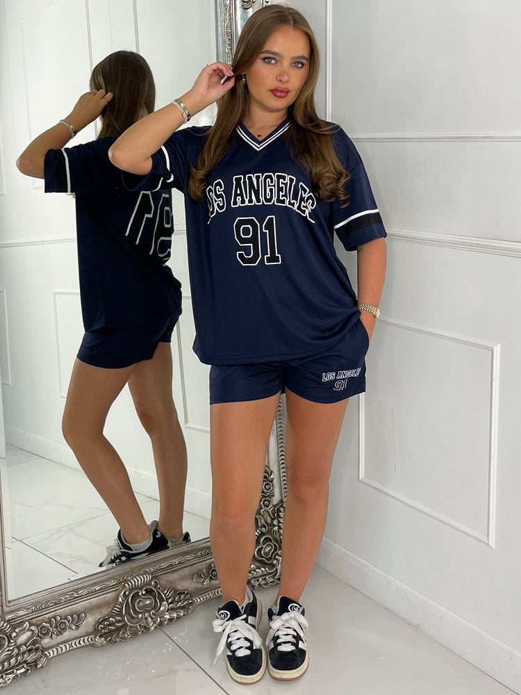 Los Angeles Varsity Top & Matching Shorts Co-ord - Navy/ Black