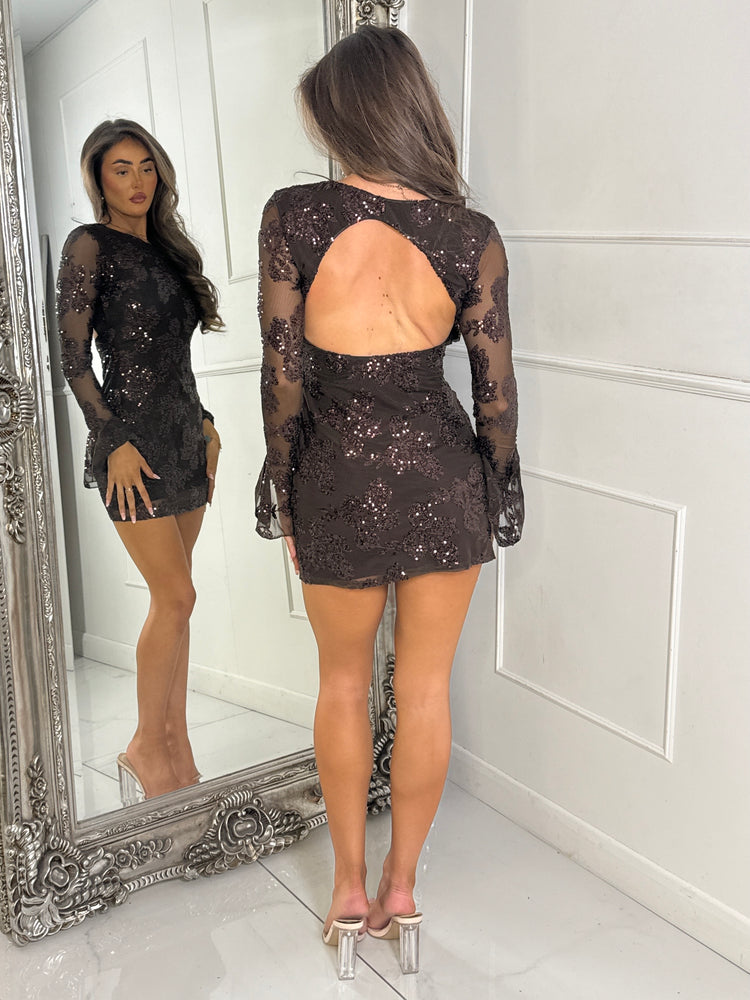 Long Sleeve Backless Sequin Detail Mini Dress - Brown