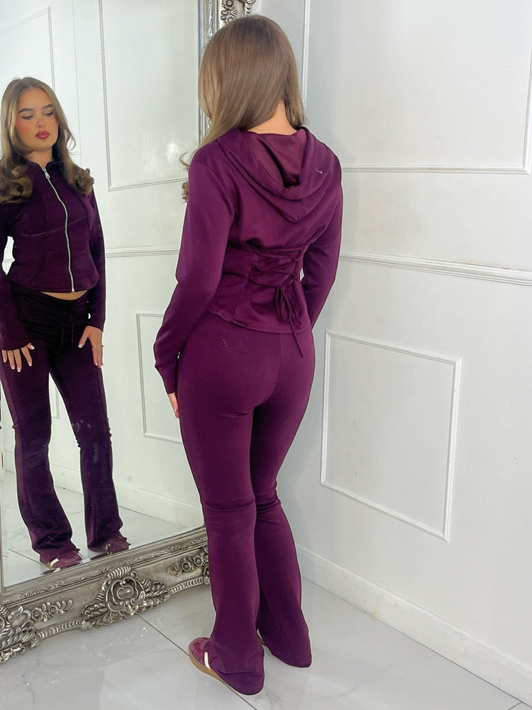 Tie Up Corset Detail Back Hoodie & Seam Detail Flared Pants - Wine