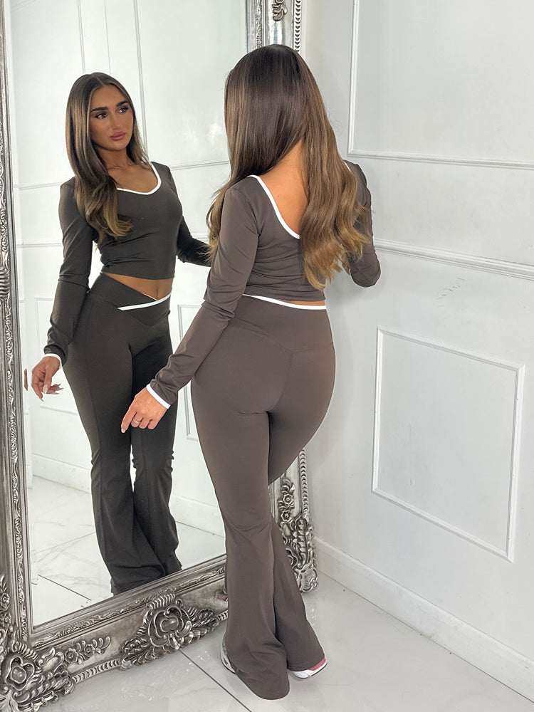 Crossover Ruched Bum Flares & Line Detail Long Sleeved Top - Chocolate
