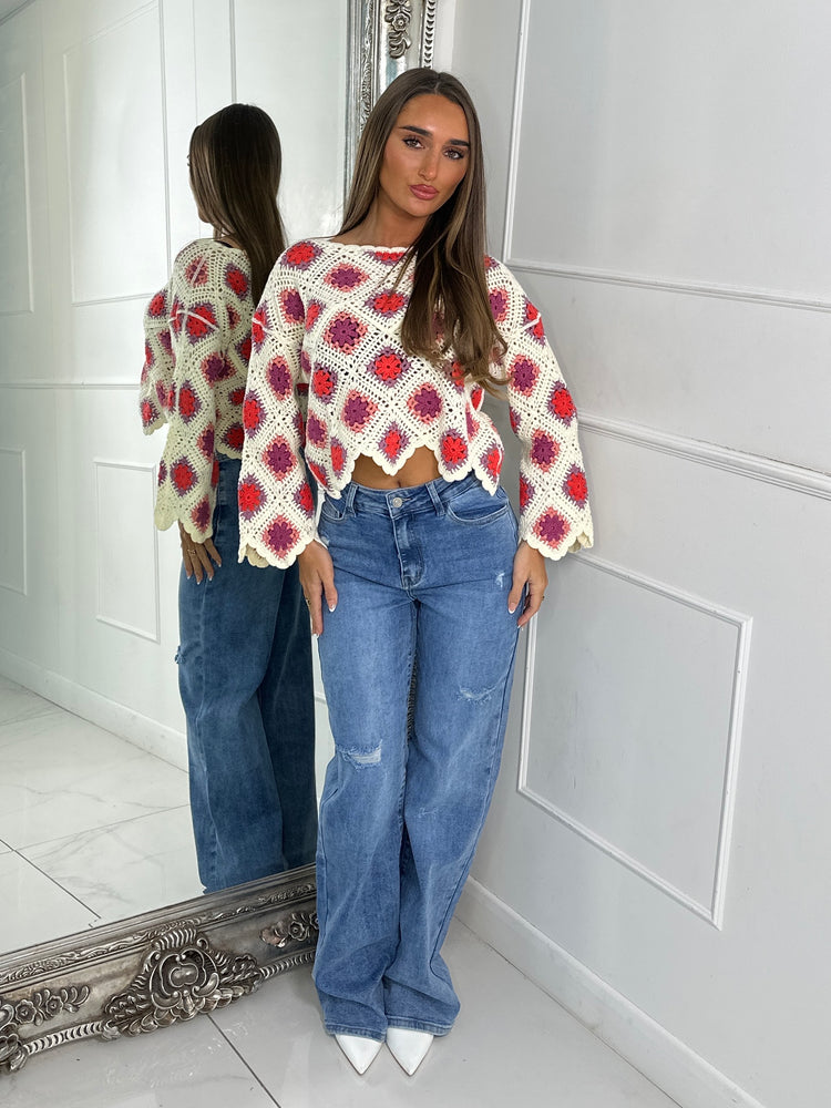 Crochet contrast patterned top - Beige/Purple&Pink