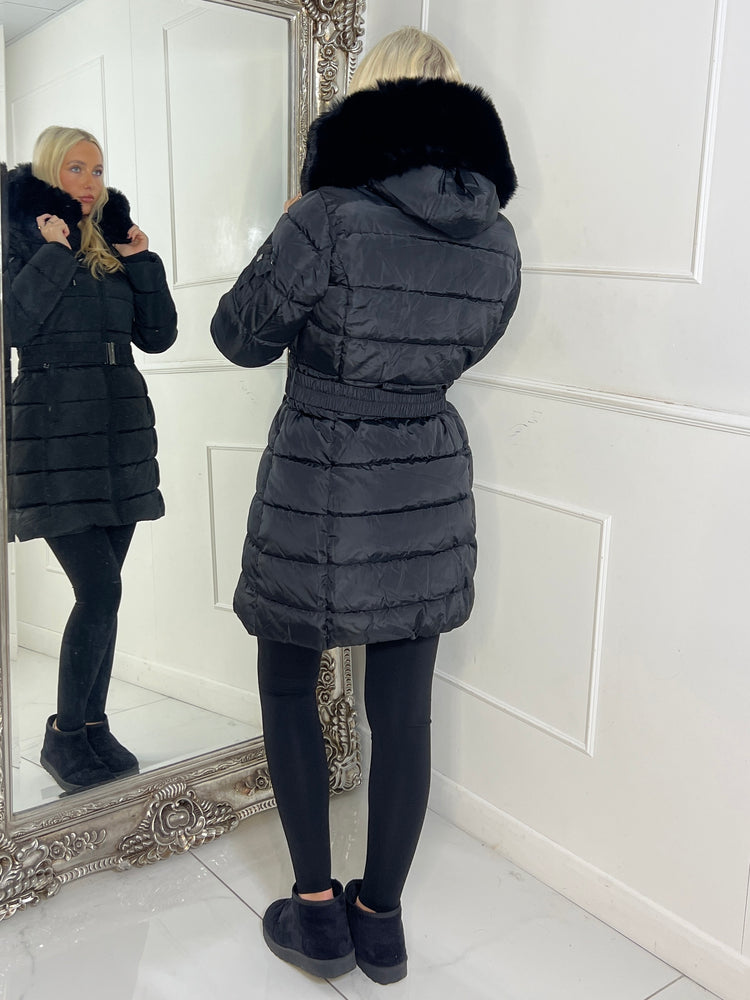 Long Padded Belted Coat With Faux Fur Hood - Black
