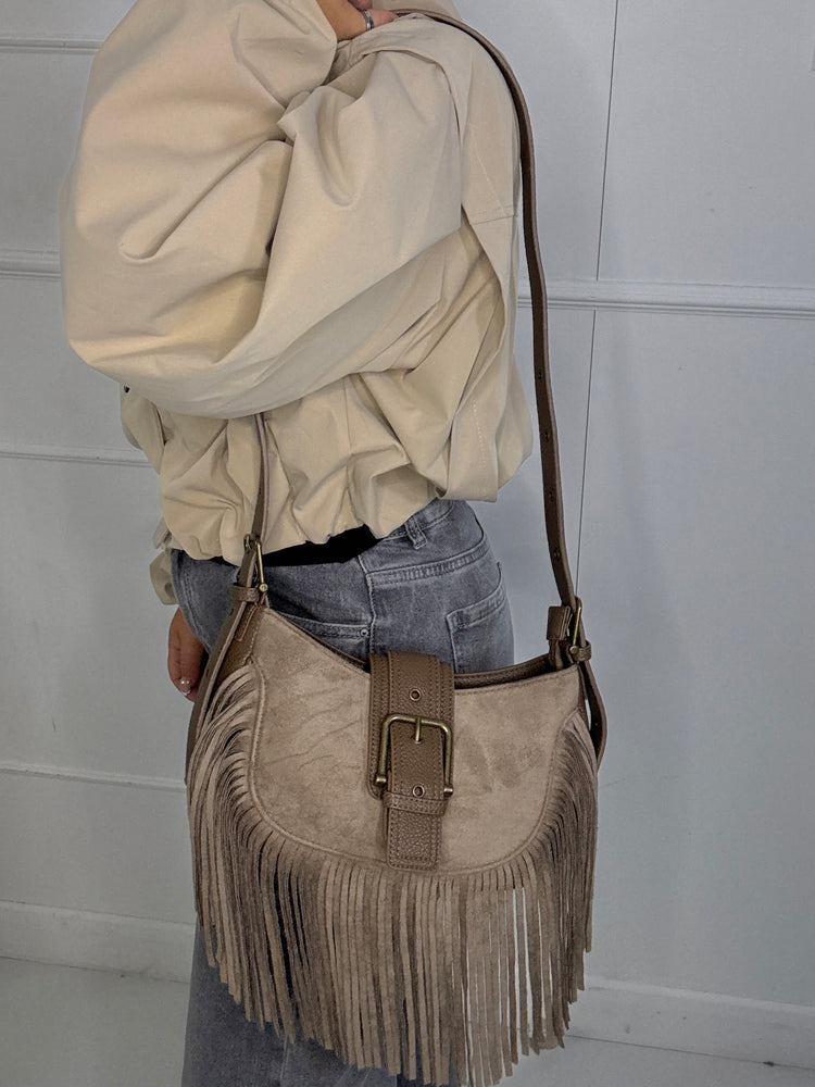 Suede Tassel Leather Strap Detail Shoulder Bag - Beige