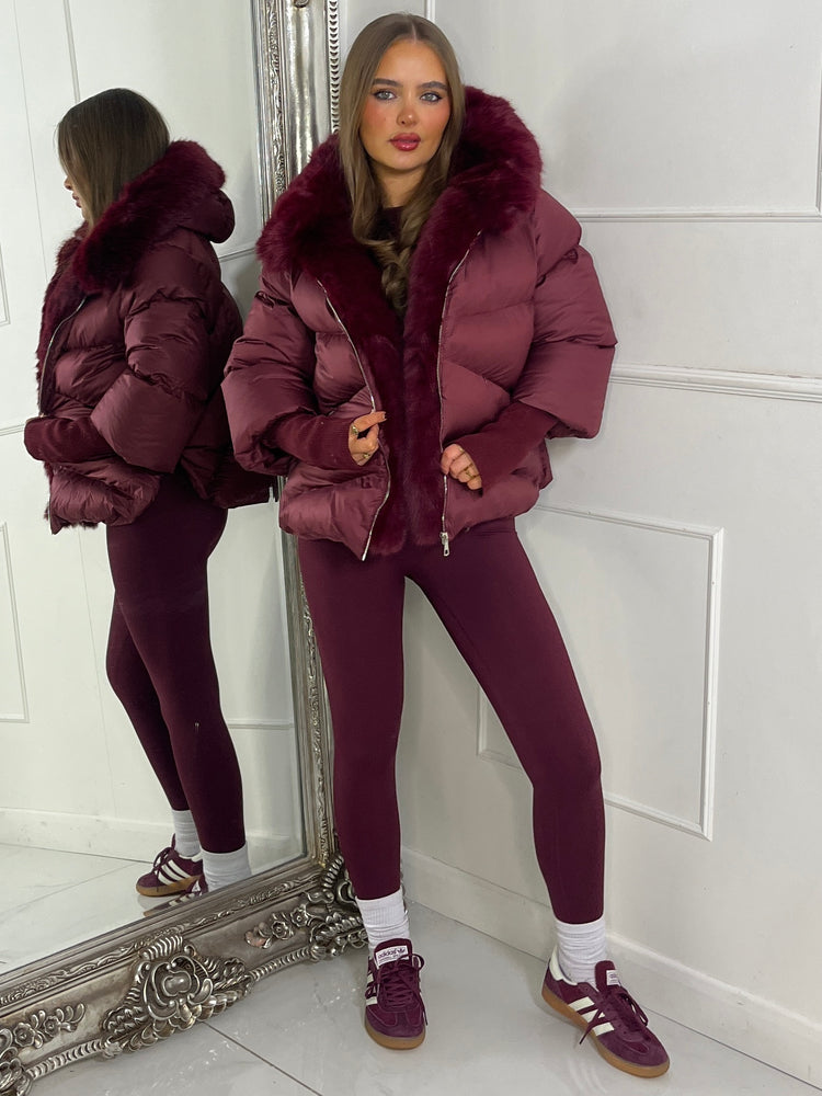 Hooded Puffer Coat With Faux Fur Trim - Wine