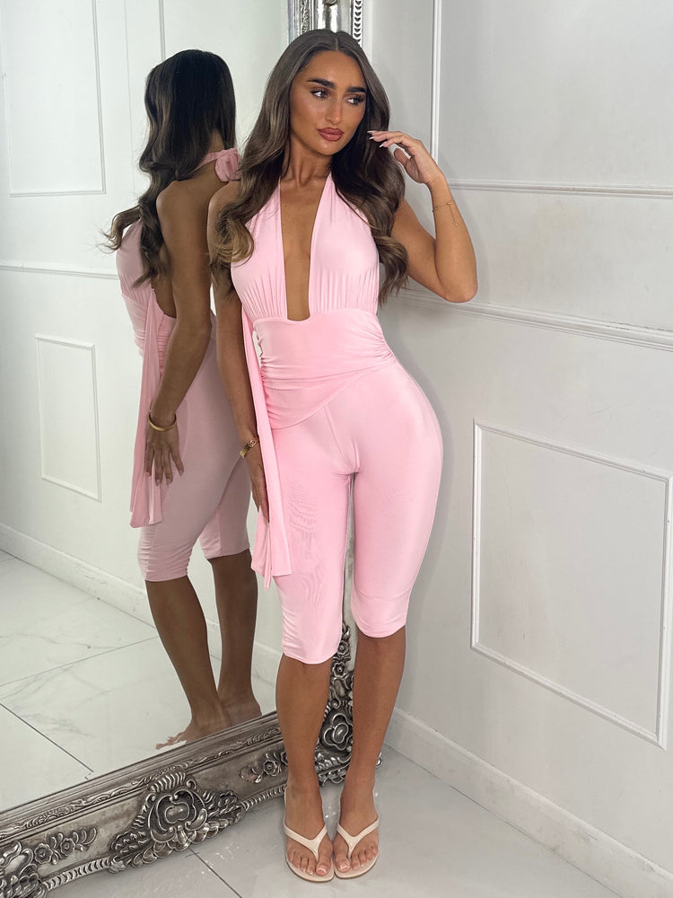 Backless Halter Neck Capri Jumpsuit-Pink