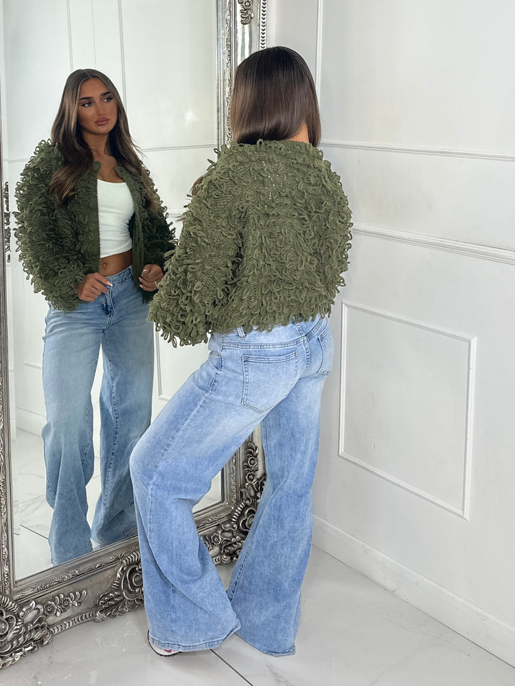 Soft Fluffy Loop Detail Cardigan - Khaki