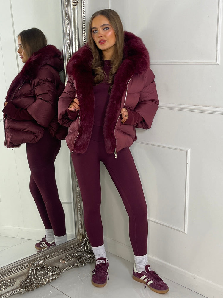 Hooded Puffer Coat With Faux Fur Trim - Wine