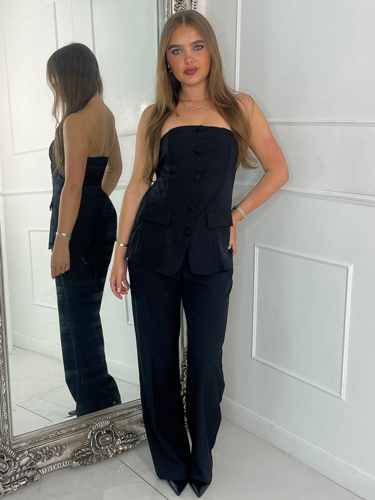 Bandeau Button Detail Corset & Flares Co-ord - Black