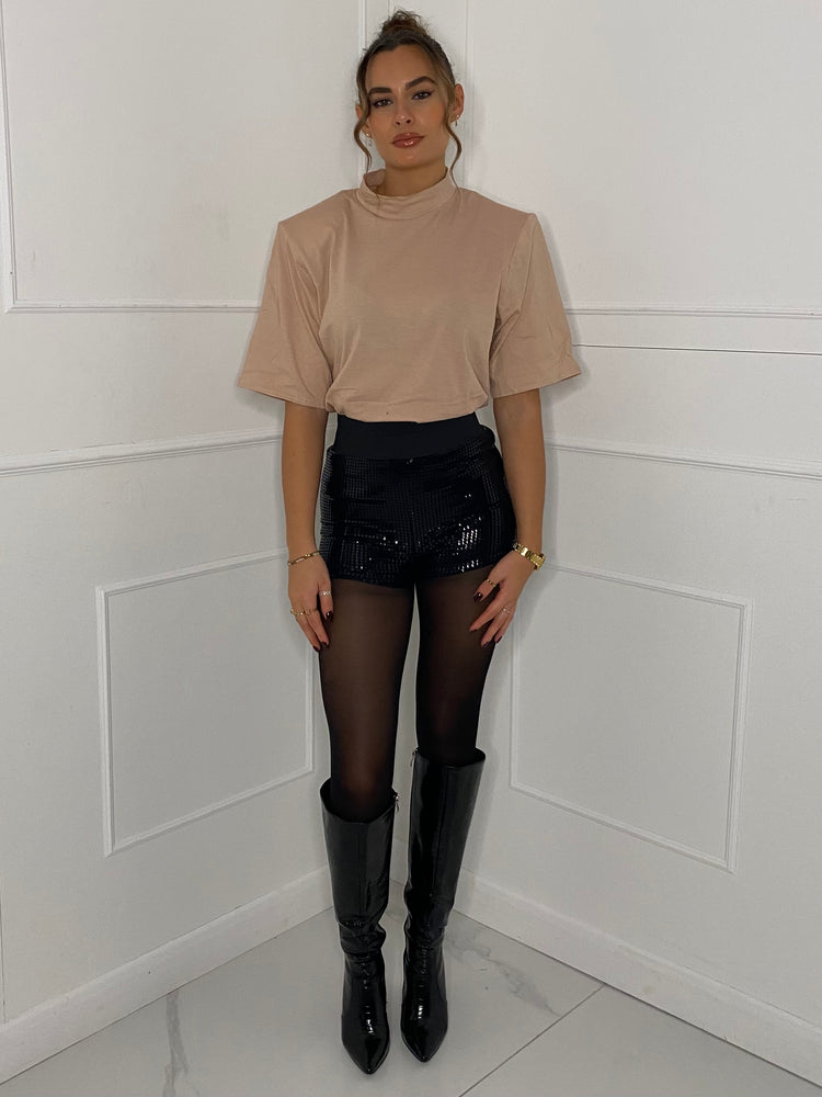 Padded Shoulder Long T-shirt - Beige