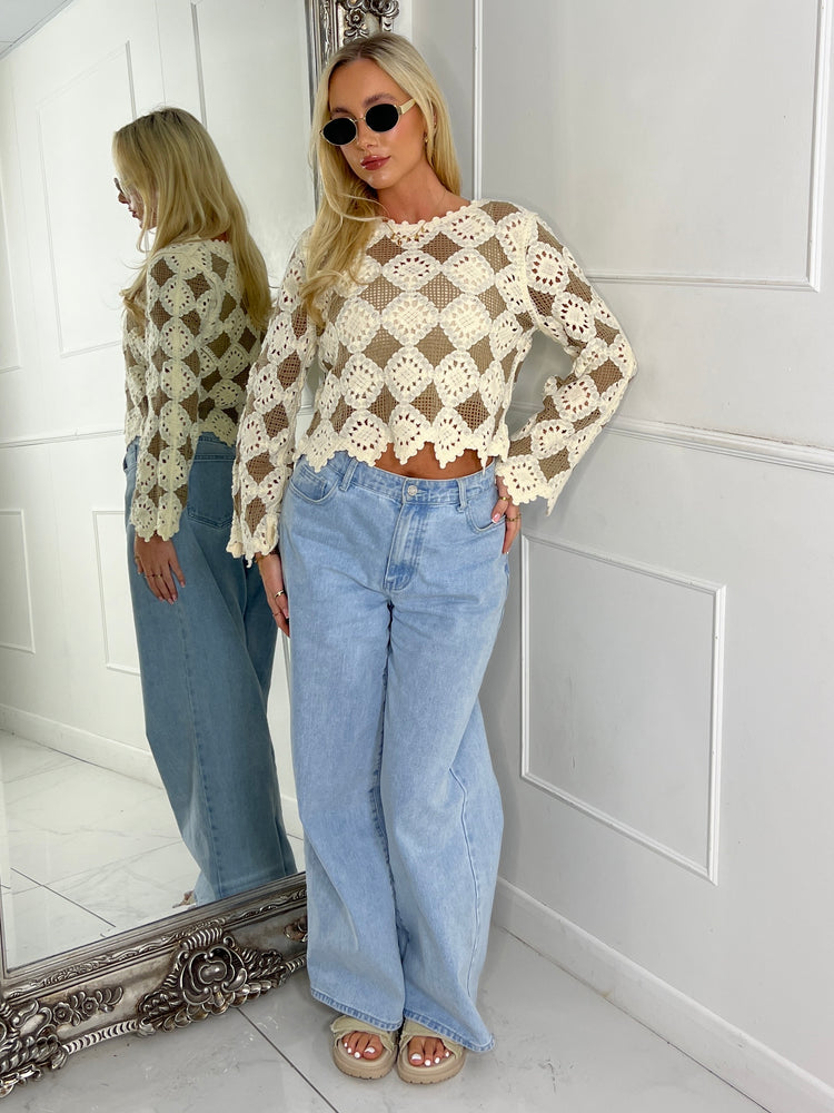 Multi Colour Contrast Crochet Top - Beige Two Tone