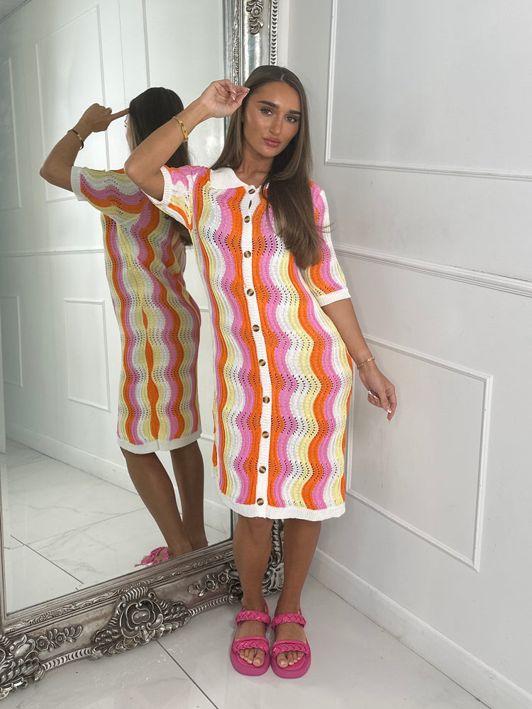 Multi Coloured Collar Detail Crochet Dress - White/Pink/Yellow