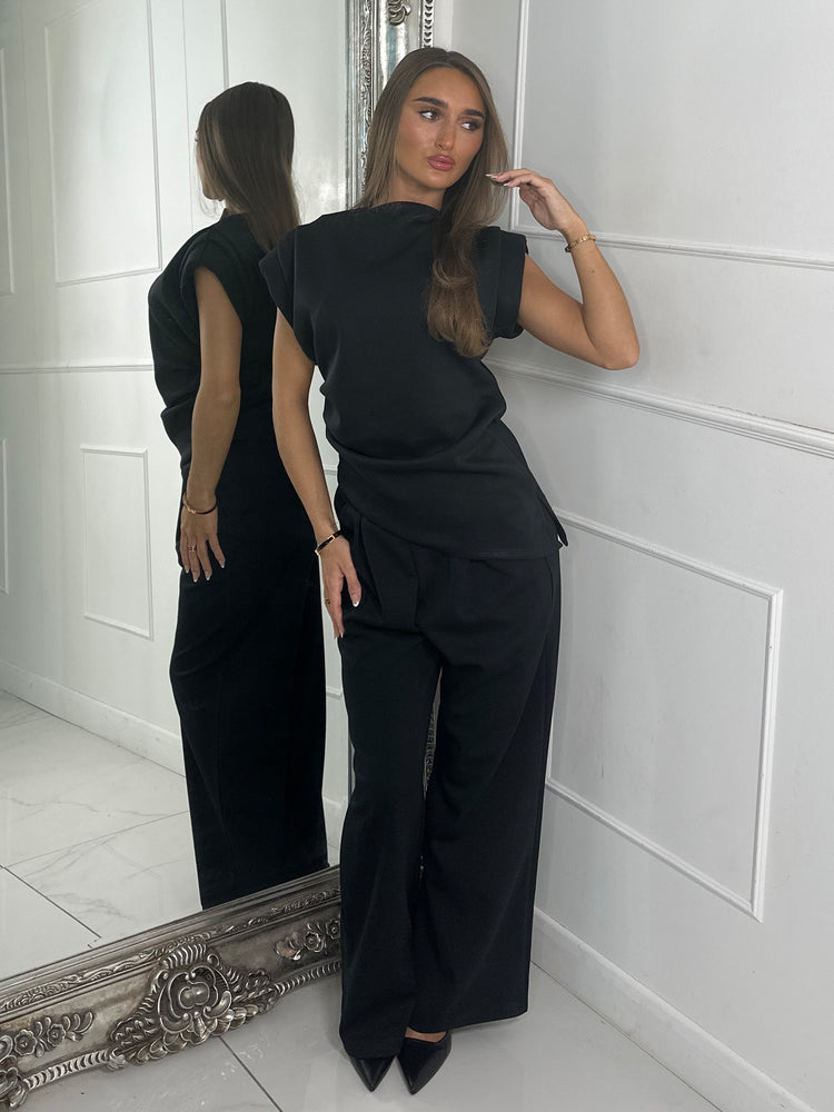 Asymmetric padded shoulder top & Flares Co Ord - Black