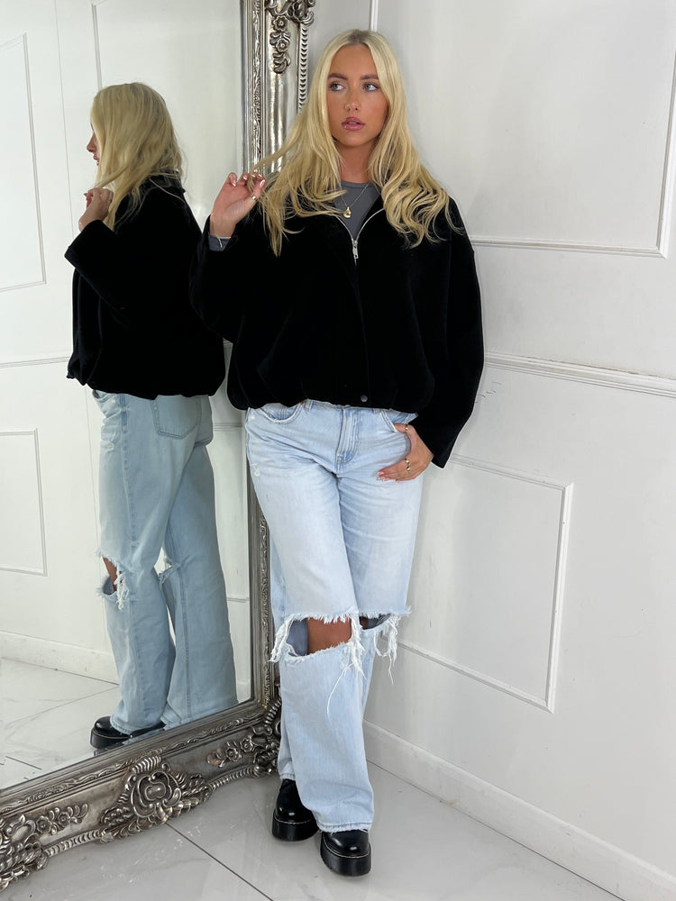 Collared Oversized Bomber Jacket - Black