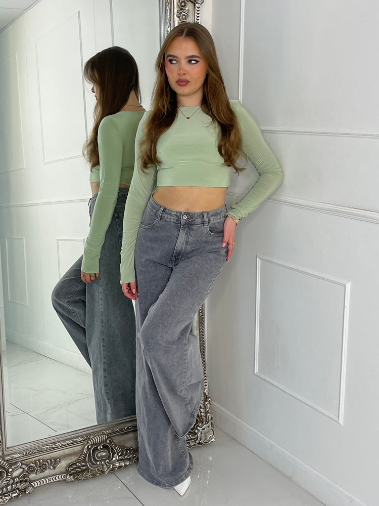 Padded Shoulder Long Sleeve Crop Top - Sage Green