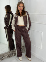 Hooded Colour block Jacket & Straight Leg Pants Set - Chocolate/Beige
