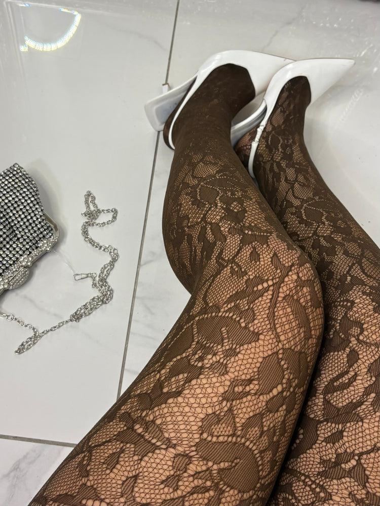 Lace Floral Pattern Tights - Chocolate