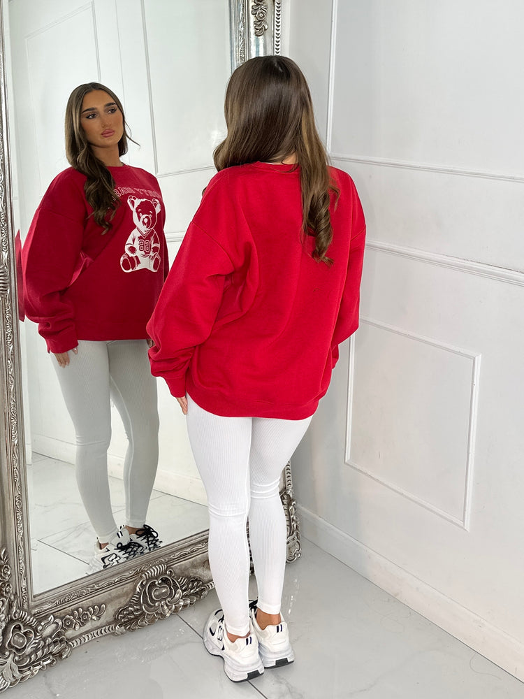 Oversized Sporty Season Teddy Bear Sweatshirt - Red & White