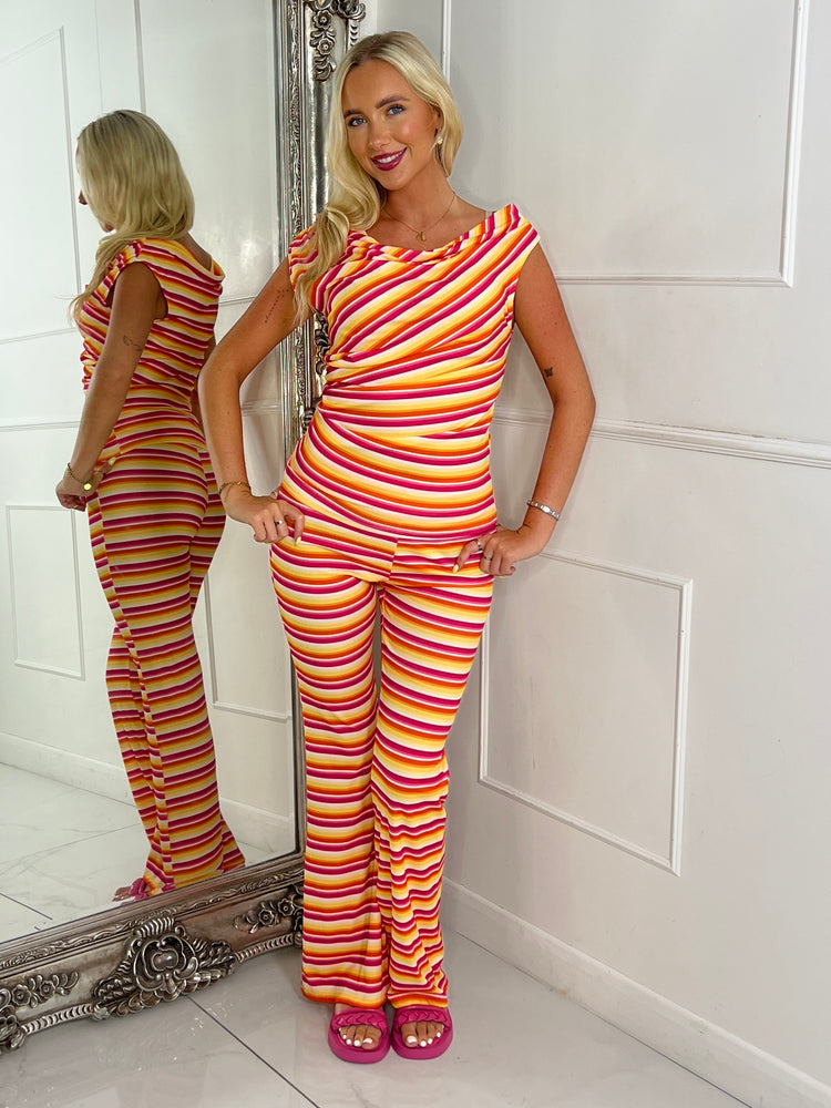 Cowl Neck Knitted Crochet Top & Flares - Multi Stripe 1