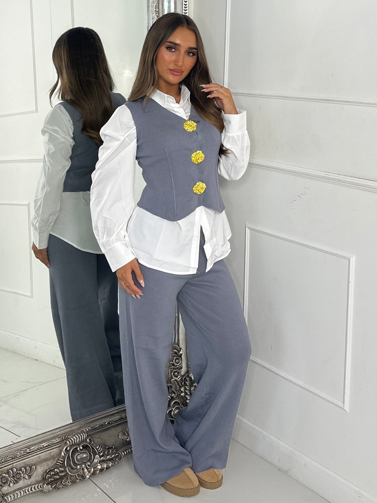 3 Piece Knitted Waistcoat & Shirt Set - Charcoal