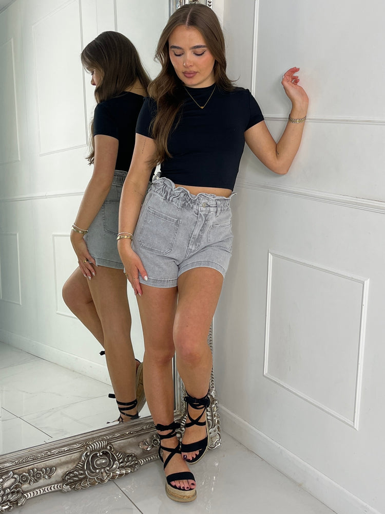 Pocket Detail Paper Bag Denim Shorts - Grey