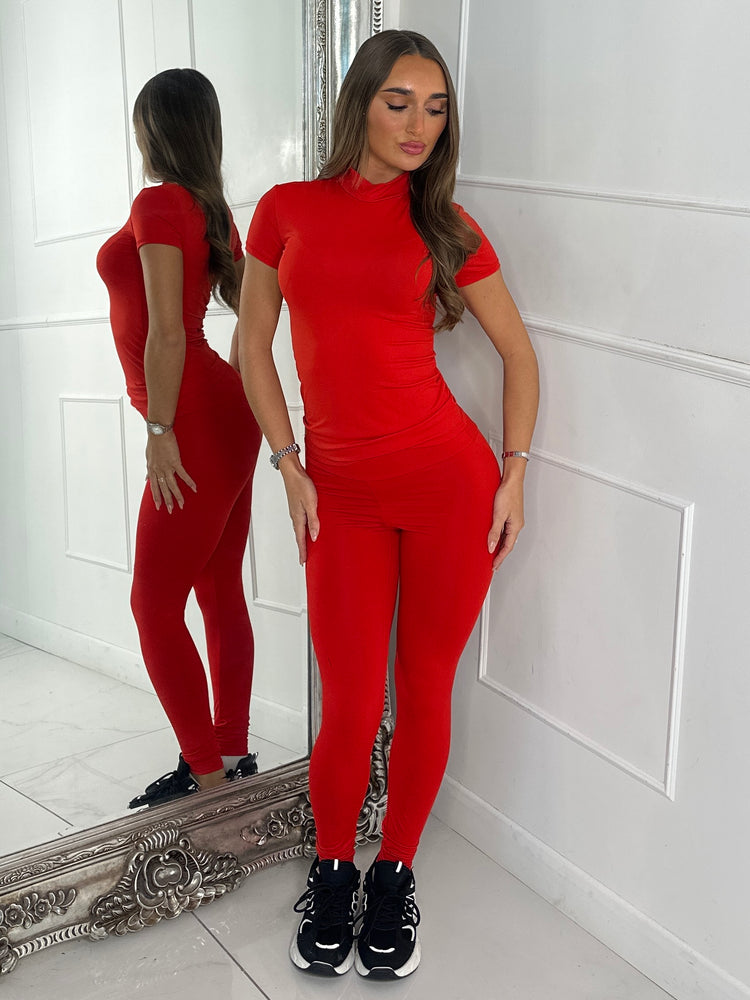 High Neck Second Skin Top & Sculpt Panel Leggings - Red