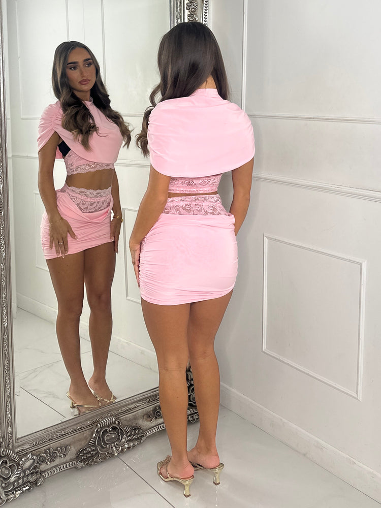 Lace Underlay Cape Top & Draped Front Mini Skirt-Pink