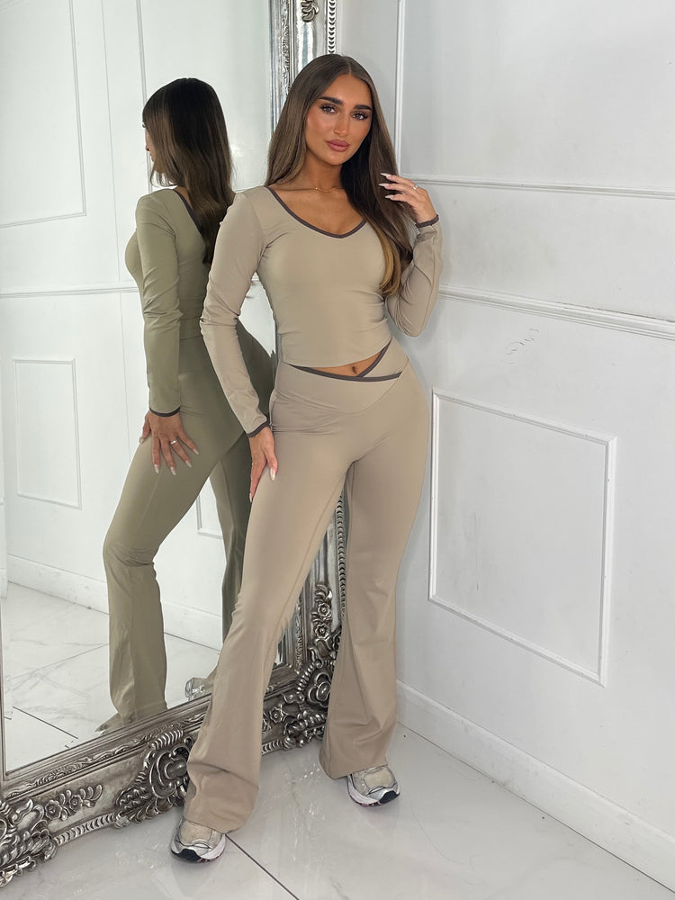 Crossover Ruched Bum Flares & Line Detail Long Sleeved Top - Beige