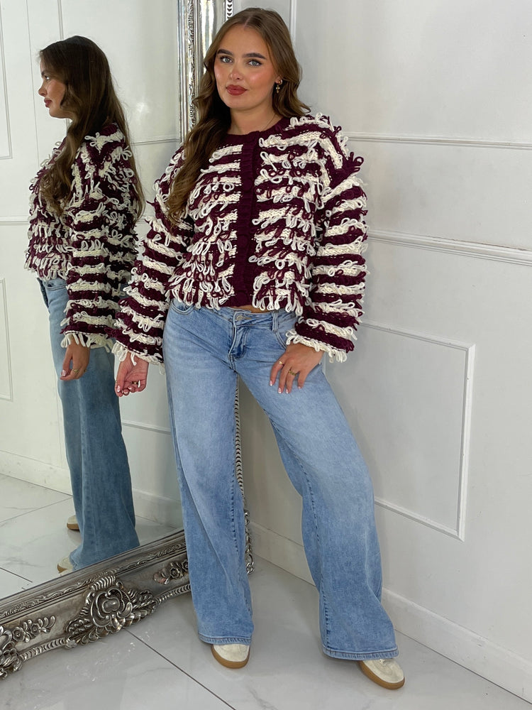 Soft Fluffy Loop Detail Cardigan - Wine/Cream Mixed