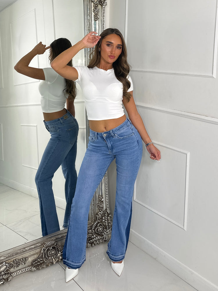 Denim Two Tone Detail Flared Jeans - Dark Blue