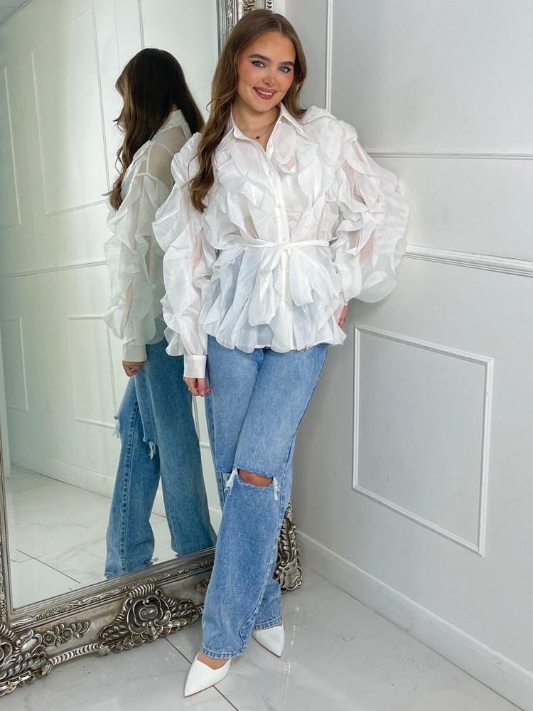 Belted Ruffle Detail Mesh Shirt - White