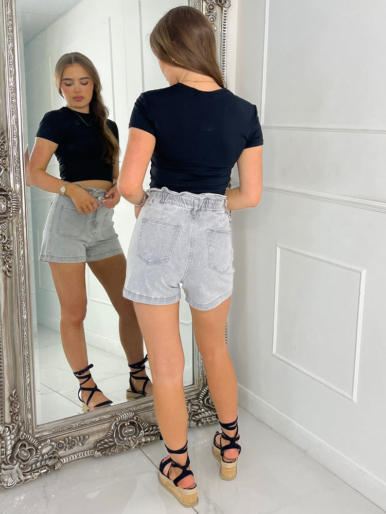 Pocket Detail Paper Bag Denim Shorts - Grey