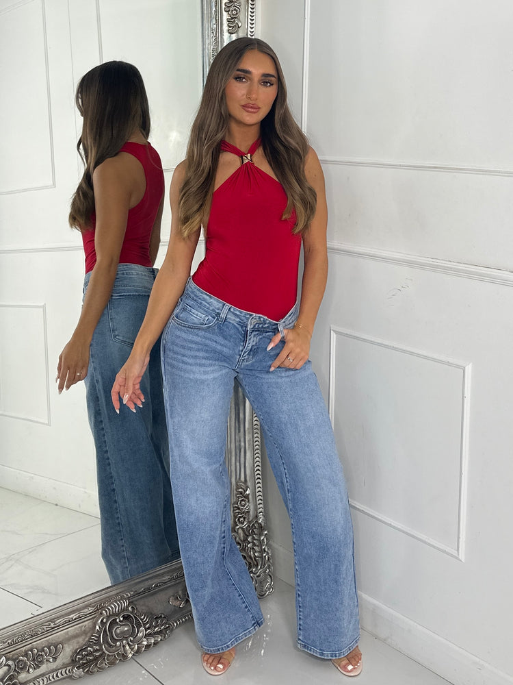 Gold Buckle Cut Out Slinky Bodysuit - Red