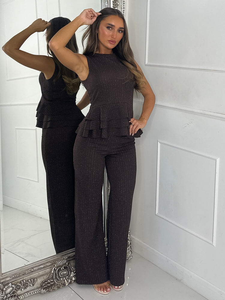 Lurex Knit High Neck Ruffle Top & Flares Co-Ord - Chocolate