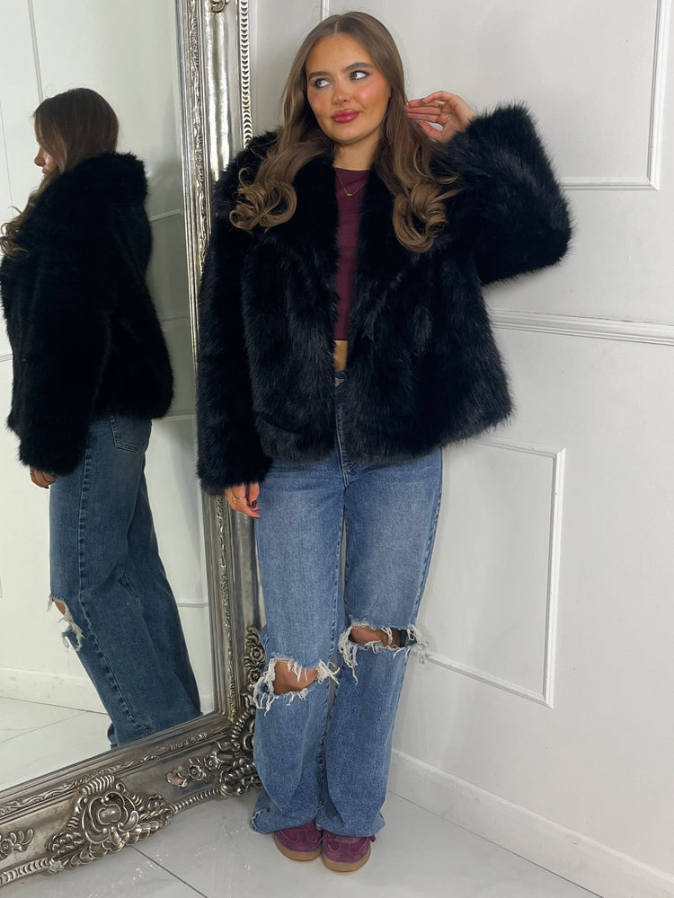 Soft Faux Fur Collar Detail Oversized Jacket - Black