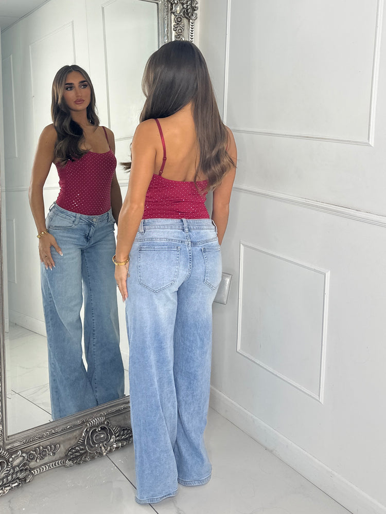 Strappy Diamante Detail Bodysuit - Wine