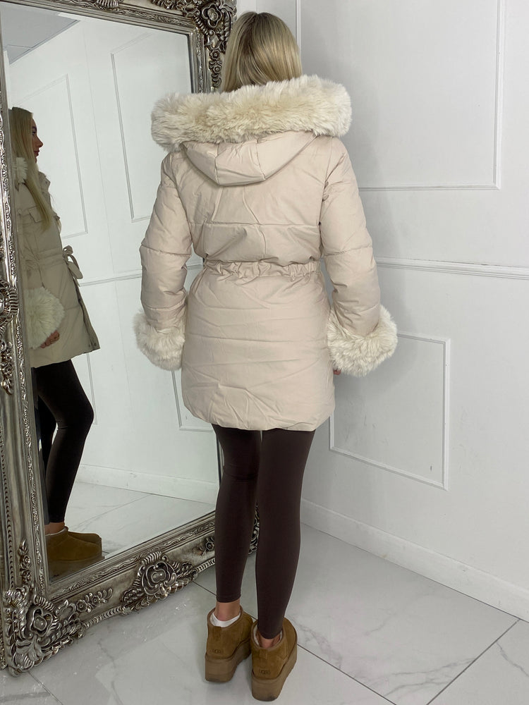 Fur Hood Trim Detail Longline Jacket - Beige