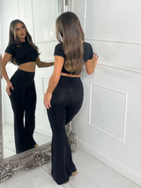 Heart Detail Crop Top & Wide Leg Pants Set - Black