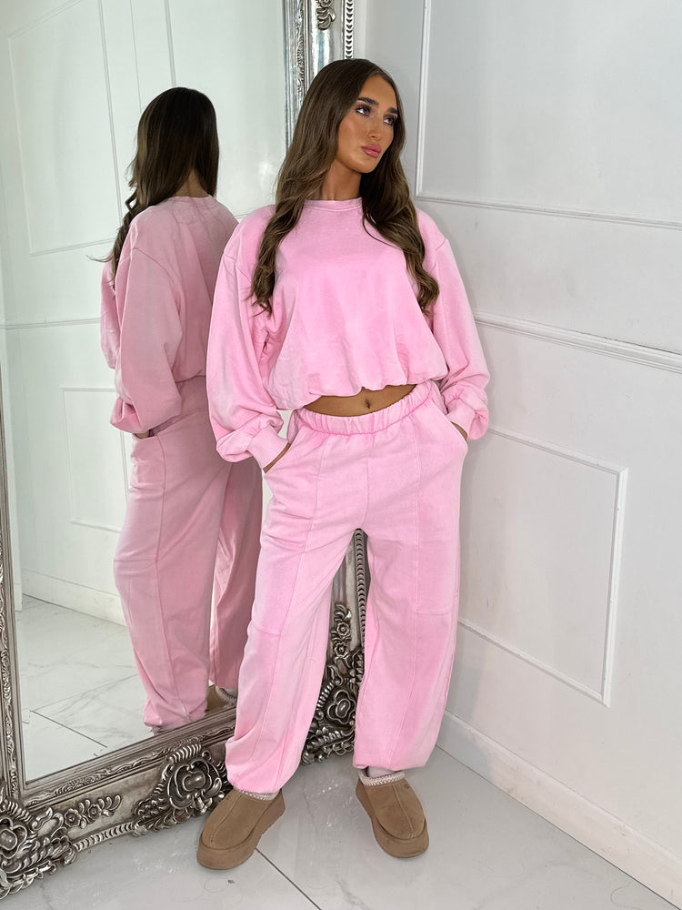 Bubble Hem Sweatshirt & Joggers Tracksuit - Acid Pink