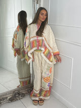 Multi Rainbow Stripe Detail Crochet Lace Button Top & Flares Co-Ord - Beige Multi