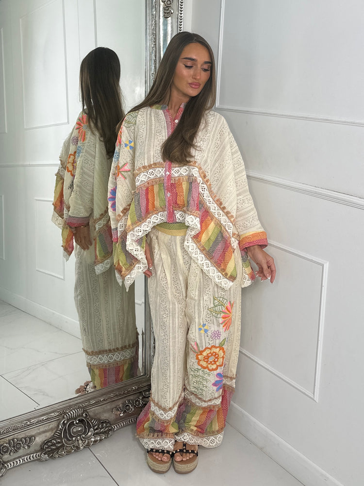 Multi Rainbow Stripe Detail Crochet Lace Button Top & Flares Co-Ord - Beige Multi
